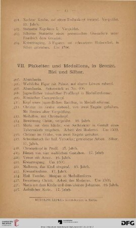 VII. Plaketten und Medaillons, in Bronze, Blei und Silber (Nr. 405 - 528)
