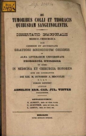 De tumoribus colli et thoracis quibusdam sanguinolentis : Diss. inaug. med. - chir.