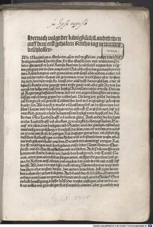 Der künigklich Landtfriden. Worms, 1495. 08. 07. : Mit Verbesserungen des Freiburger Reichstagsabschieds. Freiburg, 1498. 09. 04.