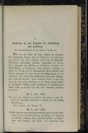 I. Nachträge zu den Regesten der Edelherren von Homburg