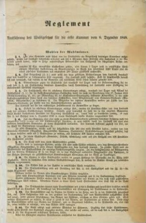 Reglement zur Ausführung des Wahlgesetzes für die erste Kammer vom 6. Dezember 1848