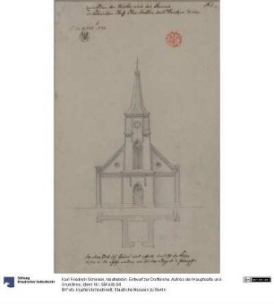 Neutrebbin. Entwurf zur Dorfkirche. Aufriss der Hauptseite und Grundriss