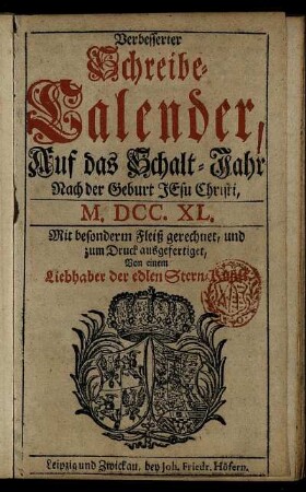 1740: Verbesserter Schreibe-Calender