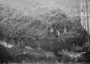 Fischer am Fluss : Drei Männer stehen am Ufer eines Flusses und fischen