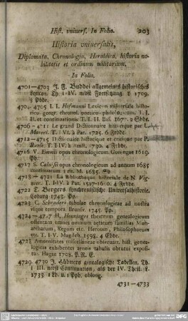 Historia universalis, Diplomata, Chronologia, Heraldica, historia nobilitatis et ordinum militarium