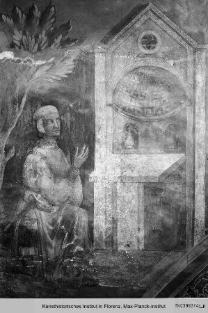 Biblische und hagiographische Szenen, Fabeln, Jagd-, Kampf- und Monatsdarstellungen (v. d. Rest. 1978/79) : Kniender Ritter vor einem Altar