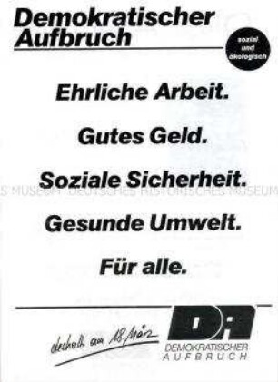 Wahlflugblatt des Demokratischen Aufbruchs zur Volkskammerwahl vom 18. März 1990 / Rückseite: Spitzenkandidat für Berlin
