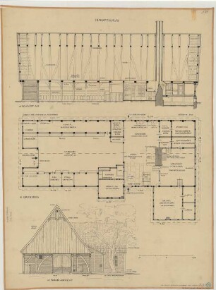 Schonebeck bei Nienberge (Kreis Münster): Hof Schulte Osterhof. Haupthaus (Grundriss, Nordansicht, Längsschnitt)