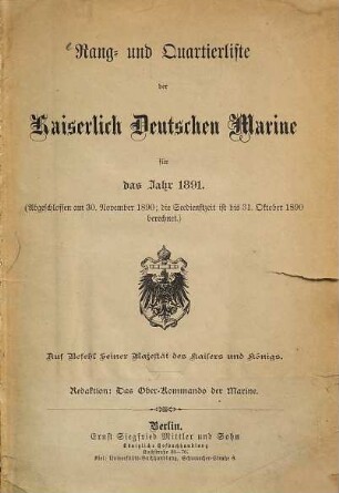 Rang- und Quartierliste der Kaiserlich-Deutschen Marine, 1891