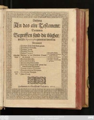 5: Anhang An das alte Testament : Darinnen Begriffen sind die bücher/ welche Apocrypha genennet werden ...