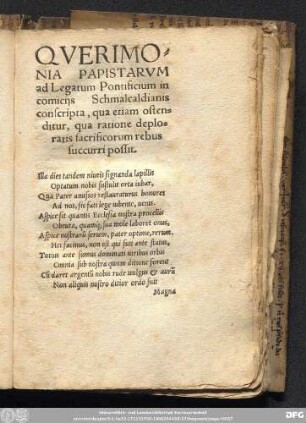 Querimonia papistarum ad legatum pontificium in comitiis Schmalcaldianis ...