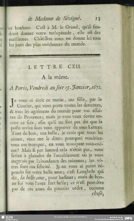 Lettre CXII. A la même. A Paris, Vendredi au foir 15. Janvier, 1672