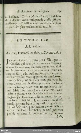 Lettre CXII. A la même. A Paris, Vendredi au foir 15. Janvier, 1672