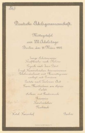 Menükarte : Mittagstafel am XXI. Adelstage, Hotel Kaiserhof