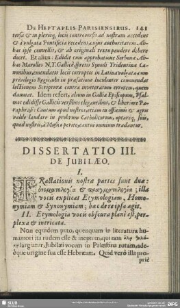 Dissertatio III. De Iubilaeo