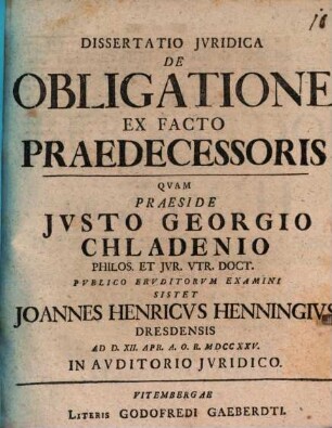 Diss. iur. de obligatione ex facto praedecessoris