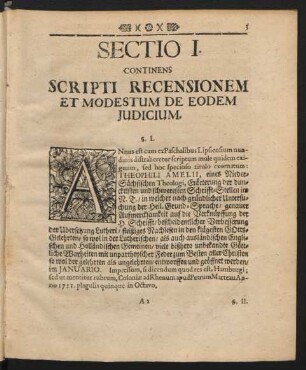 Sectio I. Continens Scripti Recensionem Et Modestum de Eodem Judicium.
