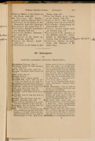 III. Sachregister der arabischen persischen türkischen Handschriften.