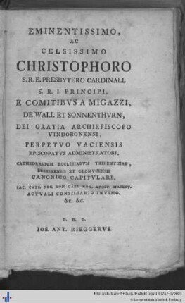 Eminentissimo ac celsissimo Christophoro S. R. E. presbyterio cardinali…