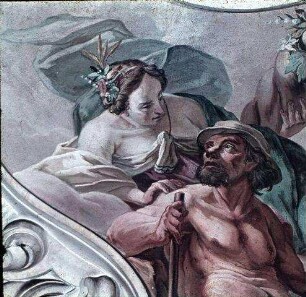 Bauer mit der Personifikation der Fruchtbarkeit vor einer Landschaft mit landwirtschaftlichen Arbeiten: "Scientia difficilis sed fructuosa"