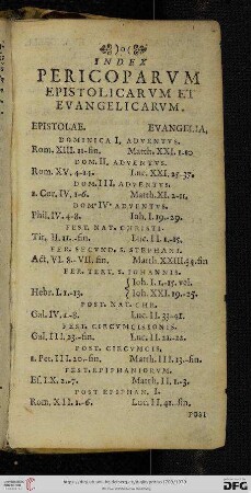 Index pericoparum epistolicarum et evangelicarum