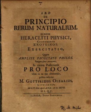 De Principio Rerum Naturalium, ex mente Heracliti Physici, Cognomento Skoteinu, Exercitatio
