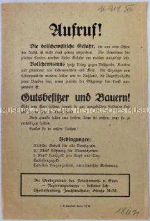 Aufruf an Gutsbesitzer und Bauern zum Eintritt in das Freiwilligen-Regiment Oven