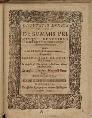 Disputatio Medica Secunda De Summis Primisque Generibus Morborum Eorumque Differentiis essentialibus