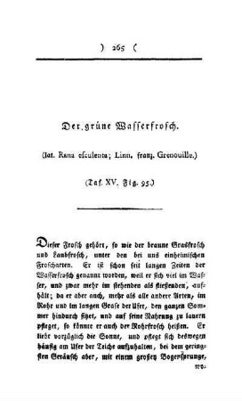 ¬Der¬ grüne Wasserfrosch : (lat. Rana efculenta; Linn, franz. Grenouille) ; Taf. XV, Fig. 95