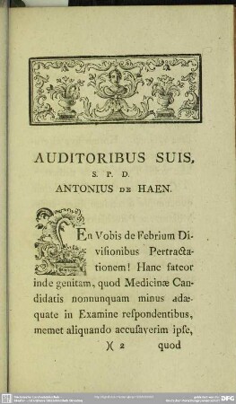 Auditoribus Suis, S.P.D. Antonius De Haen
