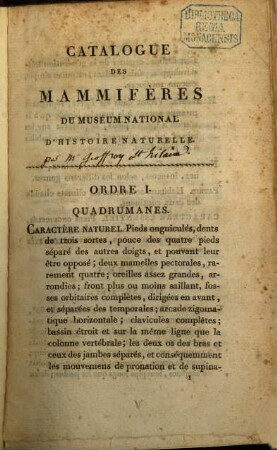 Catalogue des Mammifères du Museum National d'histoire naturelle