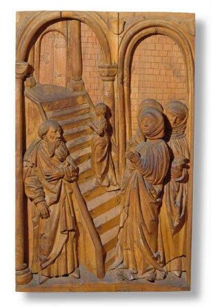 Acht Reliefs eines Retabels aus dem ehemaligen Kloster Mönchröden mit Darstellungen aus dem Marienleben: Der Tempelgang Mariens