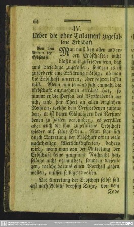 IV. Ueber die ohne Testament zugefallene Erbschaft