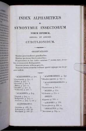 Index Alphabeticus in Synonymiae Insectorum Tomum Septium, Generale et Species Curculionidum.