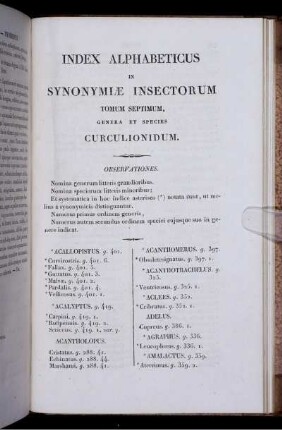 Index Alphabeticus in Synonymiae Insectorum Tomum Septium, Generale et Species Curculionidum.