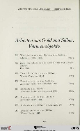 Arbeiten aus Gold und Silber. Vitrinenobjekte (Nr. 786-882)