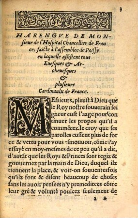 Harangve De Monsievr le Chancelier de France, faicte à l'assemblee de Poyssy