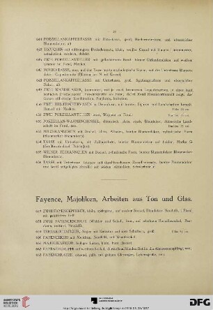 Fayence, Majoliken, Arbeiten aus Ton und Glas (Nr. 657-708)