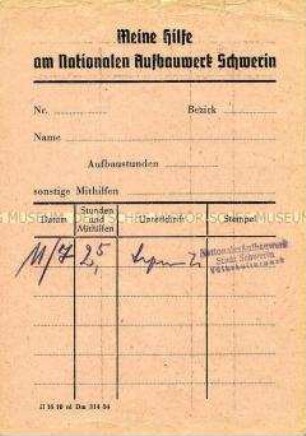 Nachweiskarte des Nationalen Aufbauwerkes über geleistete Arbeitsstunden