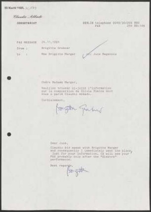 Bearbeitung von Brigitta Grabner an Brigitte Marger an Cité de la Musique (Paris), 24.11.1994
