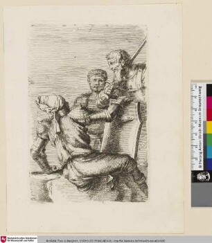Salvator Rosa Invenit [Figurengruppe bestehend aus drei Männern in Rüstung, einer mit dem Rücken zum Betrachter sitzend und zu den anderen zwei Figuren hochschauend]