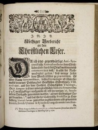 Nöthiger Vorbericht an den Christlichen Leser.