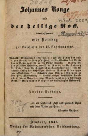 Johannes Ronge und der heilige Rock : Ein Beitrag zur Geschichte des 19ter Jahrhunderts