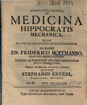 Dissertatio Medica, De Medicina Hippocratis Mechanica