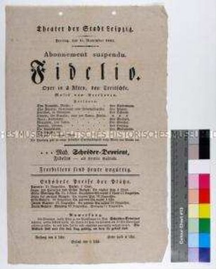 Programm des Theaters der Stadt Leipzig über die Aufführung der Oper "Fidelio" von Ludwig van Beethoven am 17. November 1843