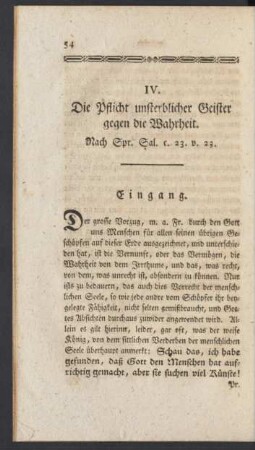 IV. Die Pflicht unsterblicher Geister gegen die Wahrheit. Nach Spr. Sal. c. 23. v. 23.