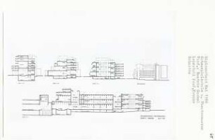 Schauspielschule und Theatermuseum, Berlin-Steglitz (Diplomarbeit bei Willy Kreuer): Ansicht von Nordwesten und Schnitte1:200
