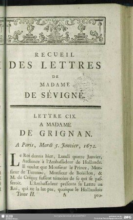 Lettre CIX. A Madame De Grignan. A Paris, Mardi 5. Janvier, 1672