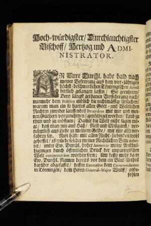 Hoch-würdigster/ Durchlauchtigster Bischoff/ Hertzog und Administrator.