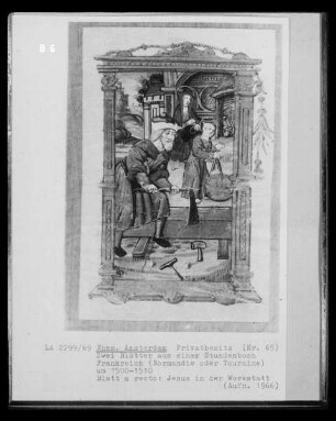 Blatt aus einem Stundenbuch, Blatt a recto: Jesus in der Werkstatt
